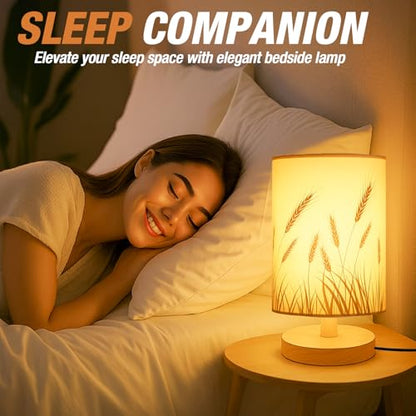 Desk Lamp LED Bulb Included, Small Bedside Table Lamp Plug-in - Classic Wood Base with Flaxen Fabric Shade, Lamps for Night Stands, Simple Nightstand Light for Bedroom, Office, Desk - color: Wheat Ear