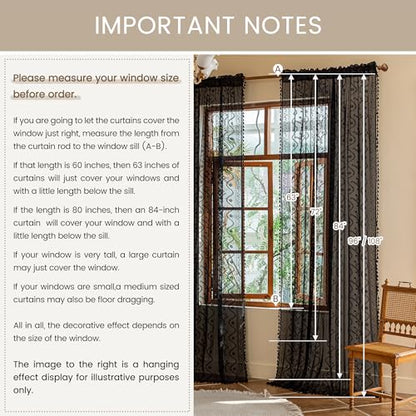 WAZZIO Boho Sheer Curtains 2 Panels,Victorian Lace Drapes,Black,W52 x L63 - color: Black, size: 52"W x 63"L (Pack of 2)