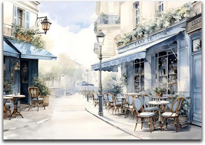 Framed Paris Cafe Canvas Wall Art, 36"x24" Blue Street Scene - color: Blue 01, size: 36"L x 24"W