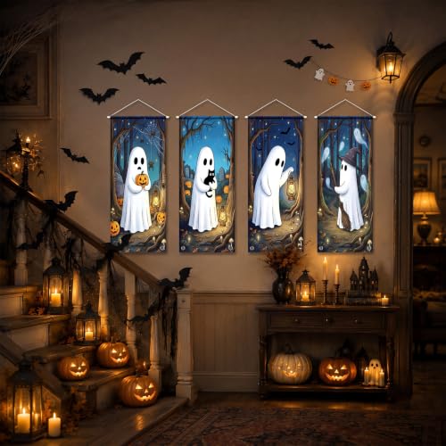 4 Pcs Halloween Ghost Tapestry Banners, Porch Hanging Decor