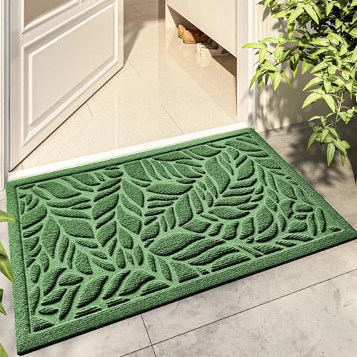 Bulijojo Front Door Mat Entrance,Durable Heavy Duty Welcome Mat,Thick Absorbent Natural Rubber Non Slip Mat,Sturdy Entryway Green Leaves,23x35 - color: Green Leaves, size: 1'11" x 2'11" (Rectangular)