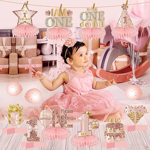 Turypaty Happy 1st Birthday Honeycomb Table Centerpieces Decorations Girls - style: Pink Rose Gold 1st