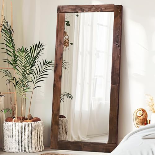 71x32in Full Length Mirror, Solid Wood Convex Frame, Brown - color: Brown-convex Frame, size: 71"L x 32"W