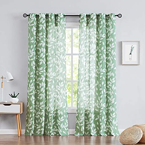 Leaf Print Semi Sheer Curtains 95" Green White Bedroom Drapes Panels 2pk - color: Green, size: 52"W x 95"L (Pack of 2)