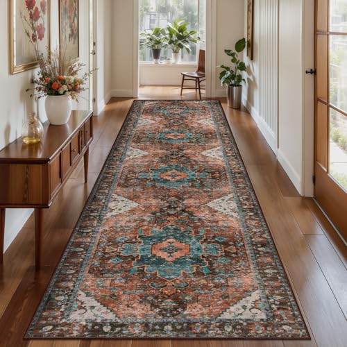 Ciicool Long 3x10ft Non-Slip Back Washable Runner Rugs for Hallways Bedside - color: Brick Red/Dull Teal, size: 3' x 10' (Runner)