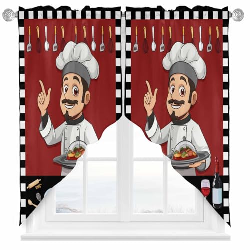 Chef Swag Valances Red Kitchen Curtains 36 Inches Length, Black White Check Tier Drapes Swag Topper, Farmhouse Food Cooking Plaid Short Window Treatments for Small Windows Bathroom 2 Panels 28"x36" - color: Red, size: 28"W x 36"L (Pack of 2)