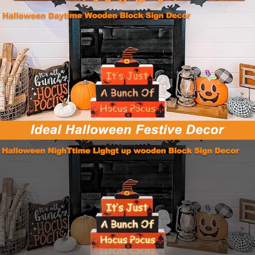 Halloween Wooden Block Sign with Led Lights Letters,Halloween Decorations Indoor,Halloween table decor,Battery Operated Halloween Party Decorations for Mantels, Tiered Trays, Shelves