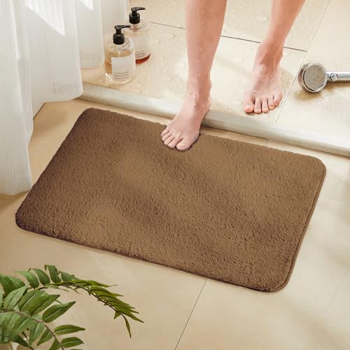 TECHMILLY Fluffy Tufting Bathroom Rug Mat 36x24, Absorbent Thick Non Slip Microfiber Mats, Quick Dry Machine Washable Bath Rug for Bathroom Floor, Bathtub and Shower, Tan - color: Tan, size: 24" x 36"