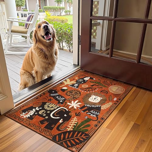 jinchan 2x3 Cute Area Rug Kids Washable Fun Rug Terracotta Boho Jungle Mat - color: Jungle Parade Orange, size: 2' x 3' (Rectangular)