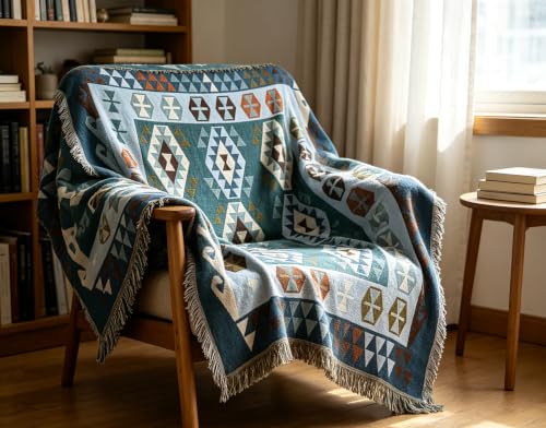 Luxlovery Aztec Sofa Throw Blankets Blue Ethnic Woven Boho Dusty Blue Color Bohemian Woven Throw Blanket for Couch Aztec Bed Throws Oversized Chair Sofa Cover with Tassels(63"x102") - color: Blue Turkey, size: 63"x102",160x260cm