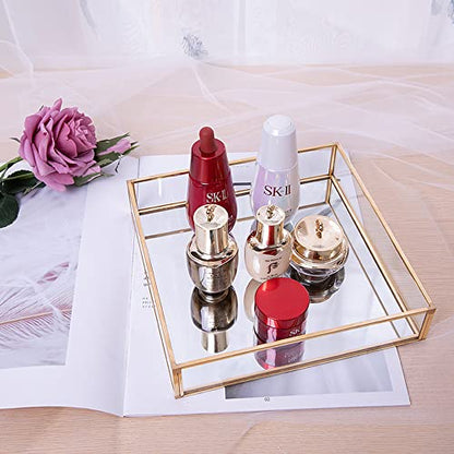 Sooyee Gold Rectangle Mirror Tray, Metal and Glass Fragrance Tray, 12"x8" - color: Gold