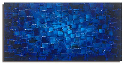 MyArton Large Abstract Dark Blue Square Wall Art Hand Painted Textured Oil Painting on Canvas Ready To Hang 60x30inch - color: Blue, size: 60"L x 30"W