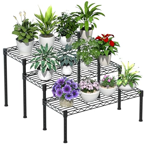 Xiofio 3 Tier Ladder Potted Multiple Plants for Indoor and Outdoor Plant Stands, Adjustable Shelves and Multifunctional Plant Racks suitable for living room balconies and gardens,(Black)