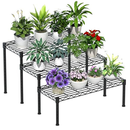 Xiofio 3 Tier Ladder Potted Multiple Plants for Indoor and Outdoor Plant Stands, Adjustable Shelves and Multifunctional Plant Racks suitable for living room balconies and gardens,(Black)