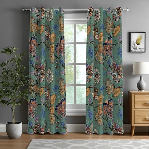 Blackout Curtains for Bedroom Green Boho Floral Black Out Curtains for Living Room Vintage Paisley Floral Room Darkening Window Drapes, 52" W x 84" L (Pack of 2),Green Floral - color: P5-green, size: 52"W x 84"L (Pack of 2)