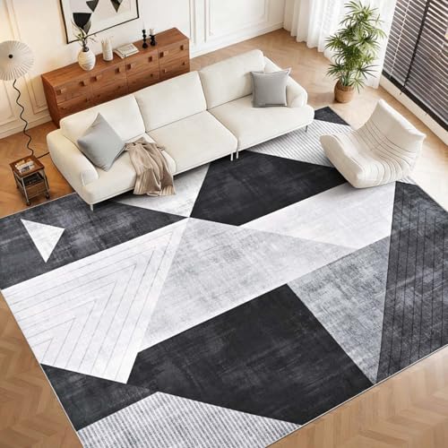 Yinhua Modern Geometric Area Rugs 9x12 Living Room Grey Washable Rugs Non Slip Low Pile, Large Soft Bedroom Rug Non Shedding, Modern Simplicity Carpet for Home Office, Dining Room, Grey Black - color: Grey, size: 9 x 12 ft