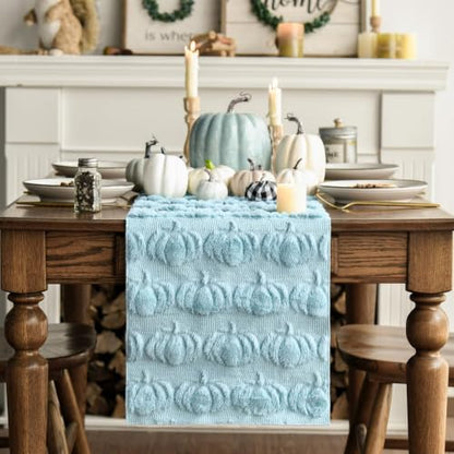 Artoid Mode Blue Soft Faux Fur Pumpkins Fall Table Runner 13x72 Inch - color: Blue, size: 13" x 72", Table Runner