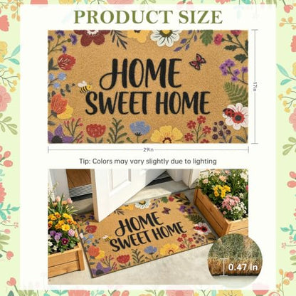 Home Sweet Home Floral Front Door Mat Non-Slip Welcome Mat 17x29 in - color: Home Sweet Home