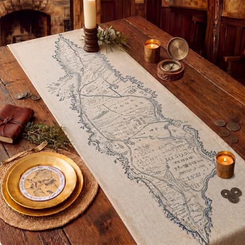 Preboun Retro Earth Map Linen Table Runner, Halloween Medieval Decor - style: Retro Fantasy Map