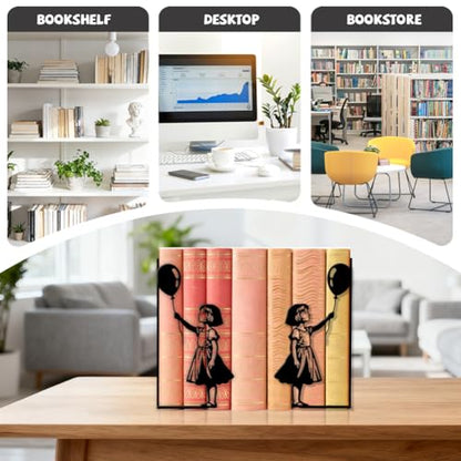 Peacoblue 5.5"x4.3"x8.3" Metal Bookends, Heavy Duty Book Ends for Shelves - style: Graffiti Balloons and Girl