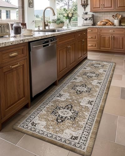 DEXI Kitchen Floor Mats Cushioned Anti Fatigue Runner Rug 24x87 Brown - color: Brown/White, size: 87"L x 24"W x 0.4"Th