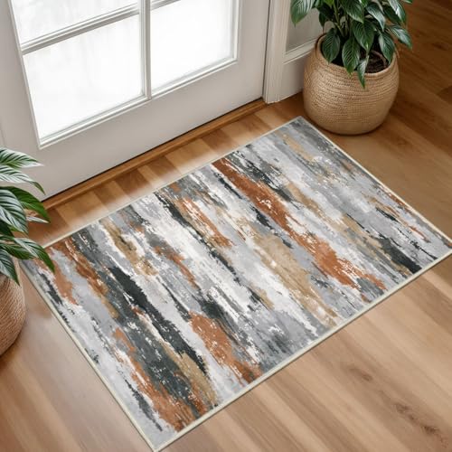 Abstract Washable Entryway Rug 2x3 Area Rug Non Slip Door Mat | Rust Grey;Thin Printed Faux Wool Kitchen Rugs;Small Rugs;Indoor Front Door Rug;Entry Rug;Floor Carpet;Throw Rugs for Entrance - color: Rust / Gray / Taupe, size: 2' x 3' (Rectangular)