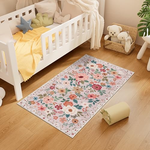 DUKINO 2x4 Entryway Rug, Floral Washable Kitchen Rugs Non Slip, Beige - color: Beige, size: 2' x 4' (Rectangular)