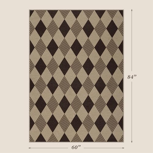 JTJ Easy Jute Outdoor Rug 5x7, Beige & Black Diamond Checkered Plaid Washable Non Slip Indoor Outdoor Area Rug for Living Room, Patio, Bedroom & Home Office, Farmhouse Geometric Low Pile Carpet - color: Tan Diamond, size: 5' x 7' (Rectangular)