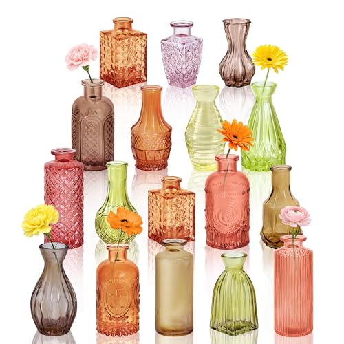 Glass Bud Vases in Bulk Small Mini Colorful Colored Vase for Flowers 17pc - color: Orange and Yellow