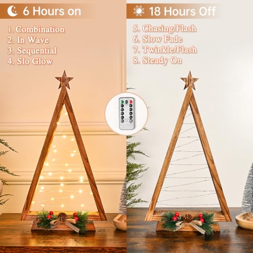 2 Pcs Triangle Tabletop Wooden Christmas Tree with Lights, Modern Farmhouse Rustic Christmas Decor, Small Lighted Xmas Tree for Kitchen Mantle Shelf Living Room(14.2" Large / 11" Small)