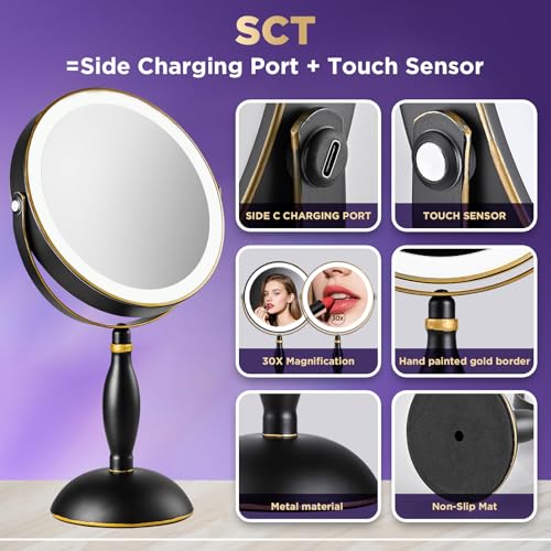 30x Magnifying Mirror with Light, Matte Black with Gold Trim - color: Matte Black With Gold Trim