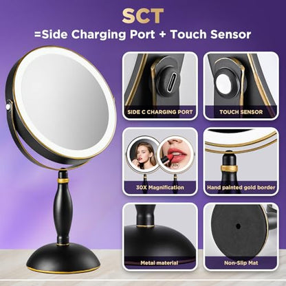 30x Magnifying Mirror with Light, Matte Black with Gold Trim - color: Matte Black With Gold Trim