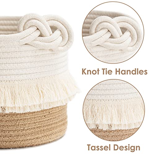 CherryNow Small Woven Rope Baby Basket with Tassel, 9.5" x 7", Jute - color: White & Camel, size: 10L (9.5"W x 7"H)