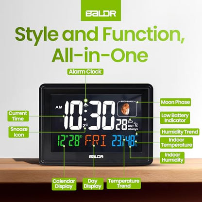 Baldr Digital Alarm Atomic Clock, 7'' Display with Adjustable Brightness - color: Black