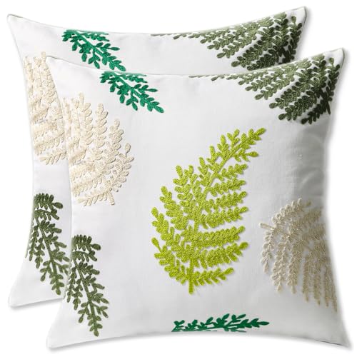 Pack of 2 Embroidered Throw Pillows Cover 18x18 Inch Decorative Pillowcase for Living Room Sofa Bed (Green Leaf) - color: Green Leaf