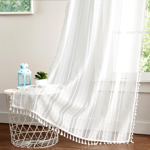 Amzdecor White Boho Lace Tassels Curtains for Bedroom Living Room 40"Wx95"L - color: White, size: 40"W x 95"L (Pack of 2)
