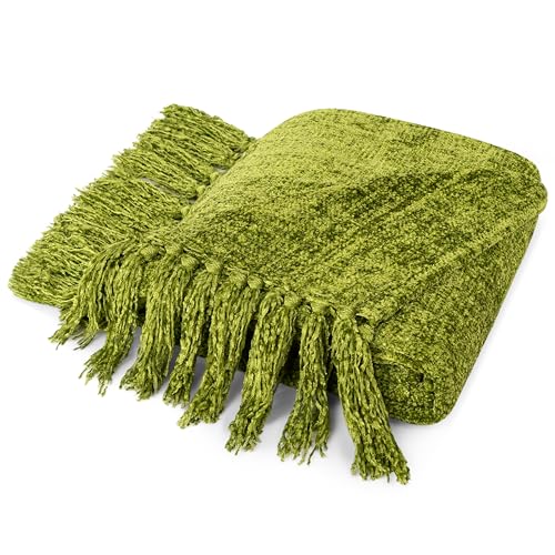 PAVILIA Chenille Throw Blanket, Knit Twin Size Tassel Throw, Olive 60x80 - color: Olive, size: 60 X 80 Inches - Twin