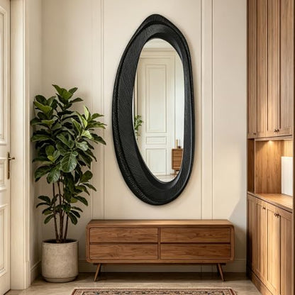 POZINO 55"x24" Large Irregular Wall Mirror, Black Asymmetrical Oval Mirror - size: 55"L x 24"W