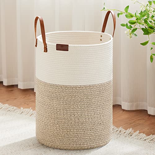 VIPOSCO 72L Tall Woven Rope Laundry Hamper, Leather Handles, White & Brown - color: Brown, size: 72L