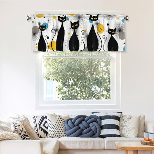Mid Century Cats Valances for Windows Rod Pocket Curtain Valance 1 Panel Short Curtains for Kitchen Bathroom Living Room Bedroom Window Treatments - color: Mid Century Cats