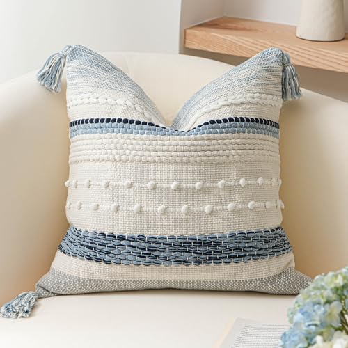 BlissBlush Coastal Blue Boho Decorative Throw Pillow Cover 18x18 Modern Bohemian Accent Pillow Case Square Woven Textured Farmhouse Pillows for Couch Bed (Pack of 1) - color: Coastal Blue, size: 18" x 18" (Pack of 1)