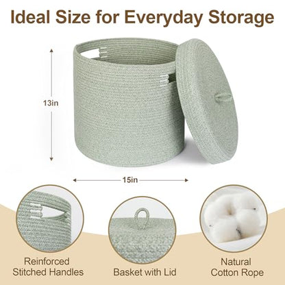 Storage Basket with Lid, Woven Blanket Storage for Living Room, Cotton Rope Bin with Lid, Round Wicker Laundry Basket with Cover, Lidded Kid Dog Toy Box, Nursery Organizer, 15"x13", Green