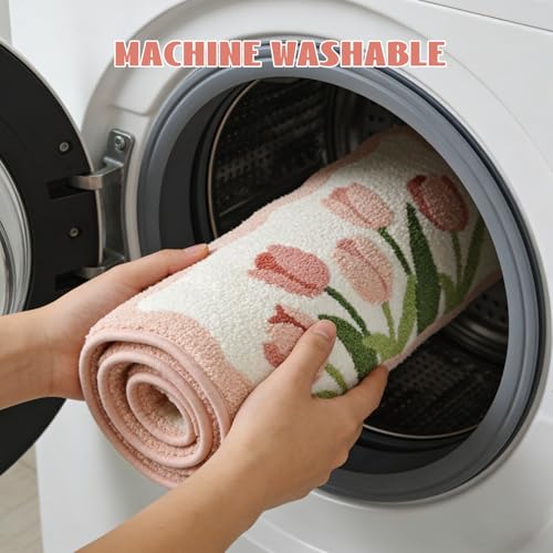 Pink Tulip Bath Mat 32x20, Soft Fluffy Fresh Flowers Bathroom Rug - color: Wave Pink