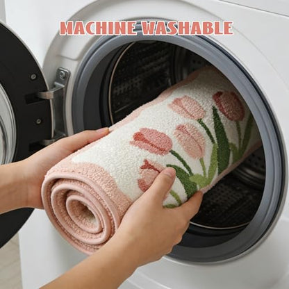 Pink Tulip Bath Mat 32x20, Soft Fluffy Fresh Flowers Bathroom Rug - color: Wave Pink