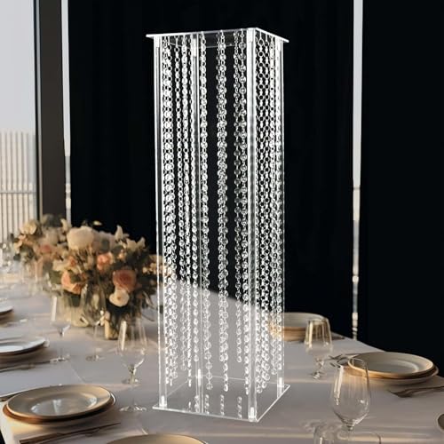 Efavormart 32" Heavy Duty Acrylic Flower Pedestal Vase with Hanging Crystal Beads, Clear Pillar Stand Wedding Table Centerpieces with Pre-Chained Garlands - 5mm Thick Plates - size: 32‘’x11''