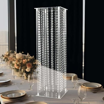 Efavormart 32" Heavy Duty Acrylic Flower Pedestal Vase with Hanging Crystal Beads, Clear Pillar Stand Wedding Table Centerpieces with Pre-Chained Garlands - 5mm Thick Plates - size: 32‘’x11''