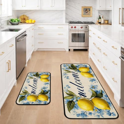 Classic Kitchen Mats for Floor, 2-Piece Non-Slip Kitchen Rugs - color: Lemon Blue Flower