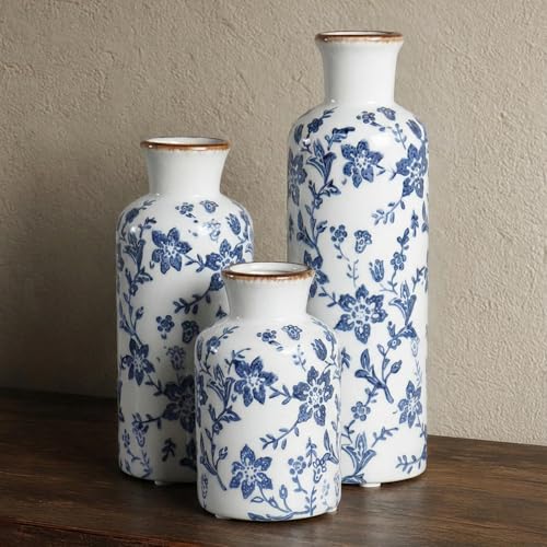 Blue and White Ceramic Vase Set of 3, Vintage Floral Vases for Home Decor - color: Blue