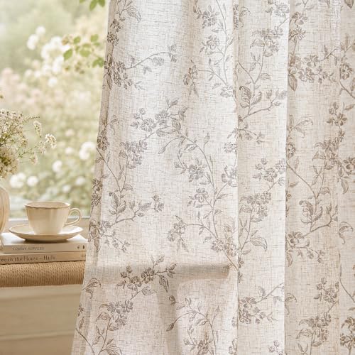 jinchan Taupe Floral Linen Curtains 63 Inch Flower Drapes Back Tab 2 Panels - color: Alisa Taupe on Linen, size: 38"W x 63"L (Pack of 2)