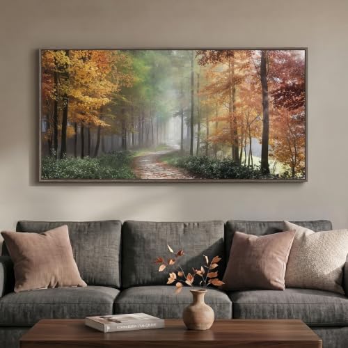 Framed Misty Forest Fall Landscape Wall Art for Living Room, 60x30 Inch - color: Green Orange